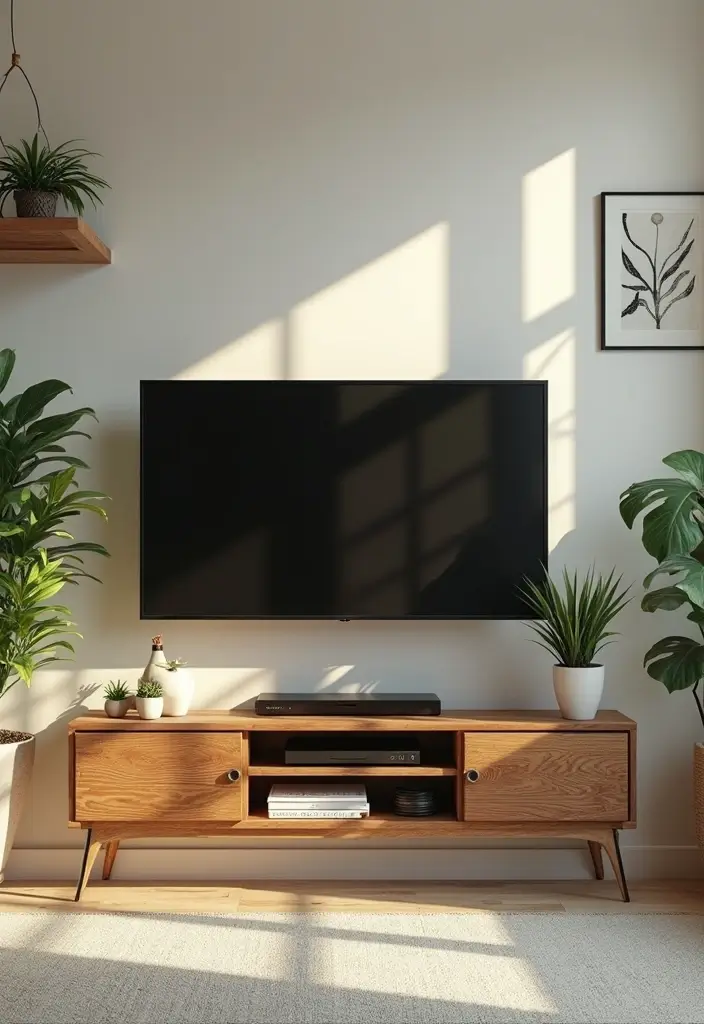 29 Living Room With TV Stand Ideas That Look Clean and Organized - 22. Nature-Inspired TV Stand