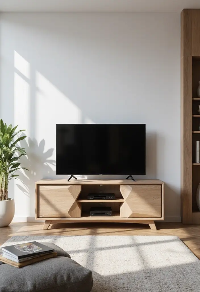 29 Living Room With TV Stand Ideas That Look Clean and Organized - 23. Geometric TV Stand