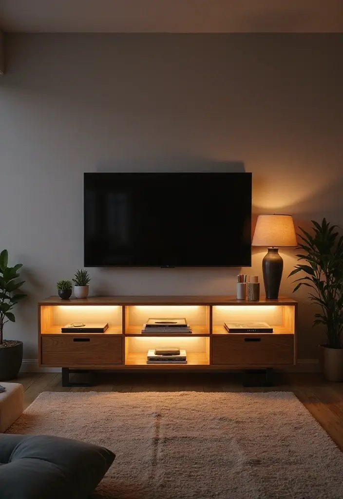 29 Living Room With TV Stand Ideas That Look Clean and Organized - 25. Lighted TV Stand