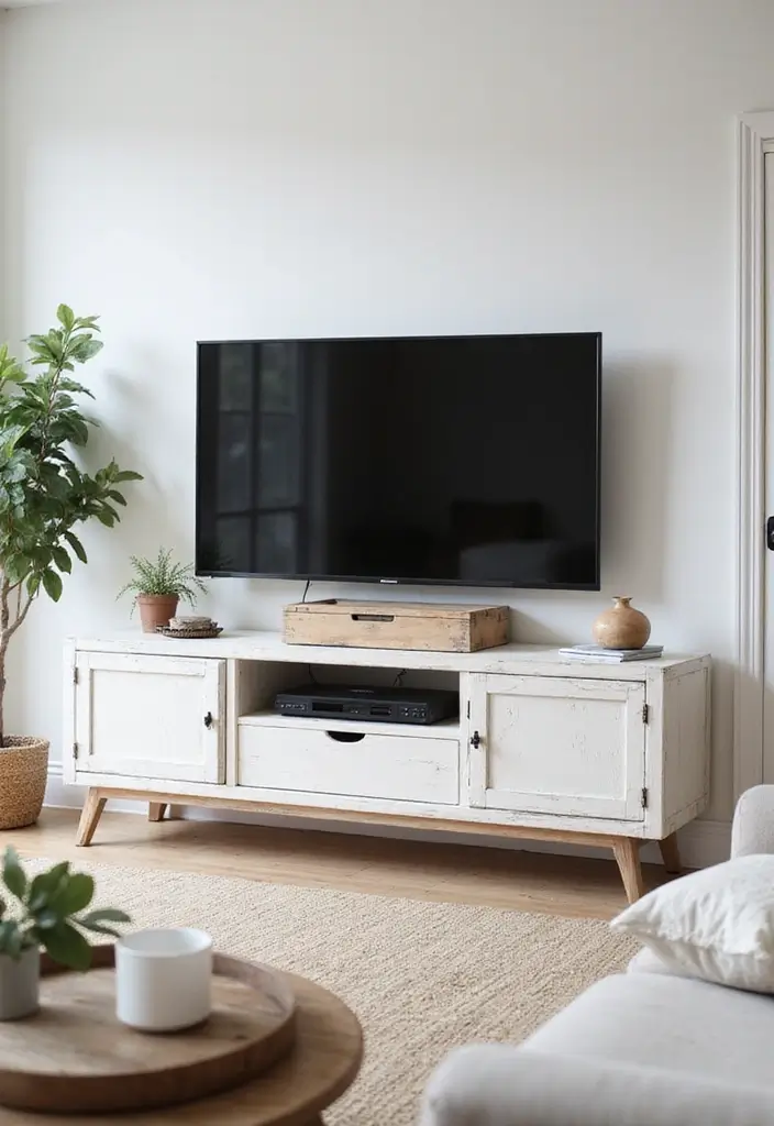 29 Living Room With TV Stand Ideas That Look Clean and Organized - 27. Whitewashed TV Stand