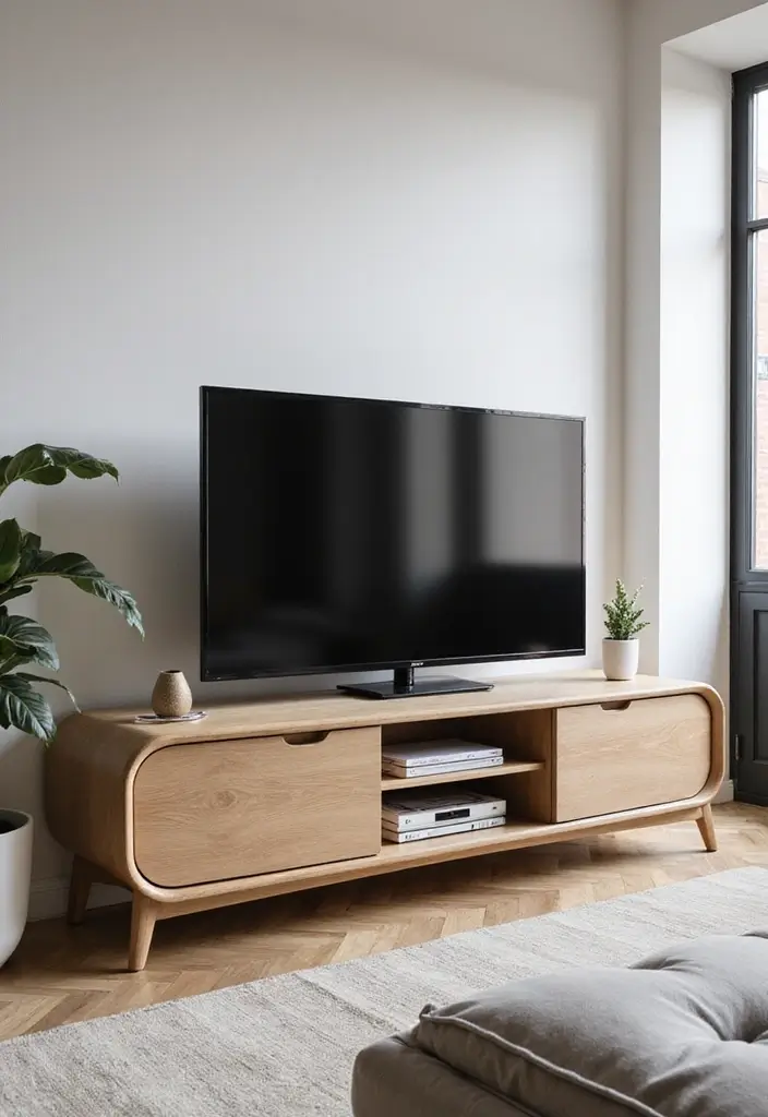 29 Living Room With TV Stand Ideas That Look Clean and Organized - 28. Soft Curves in Design