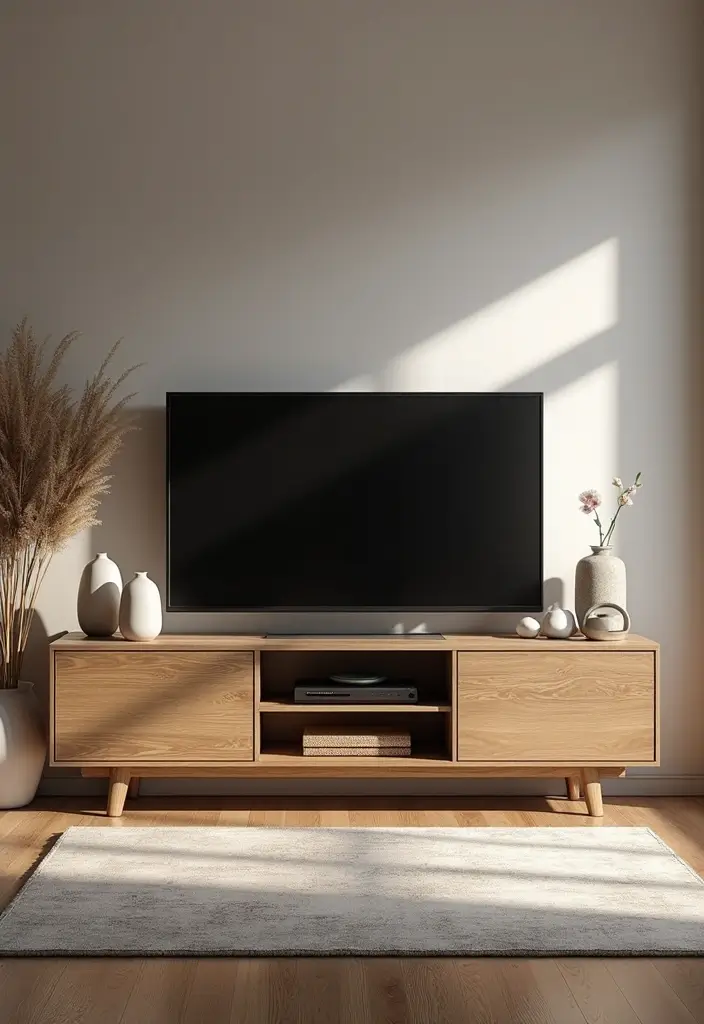 29 Living Room With TV Stand Ideas That Look Clean and Organized - 29. Elegant Wood-Burning TV Stand