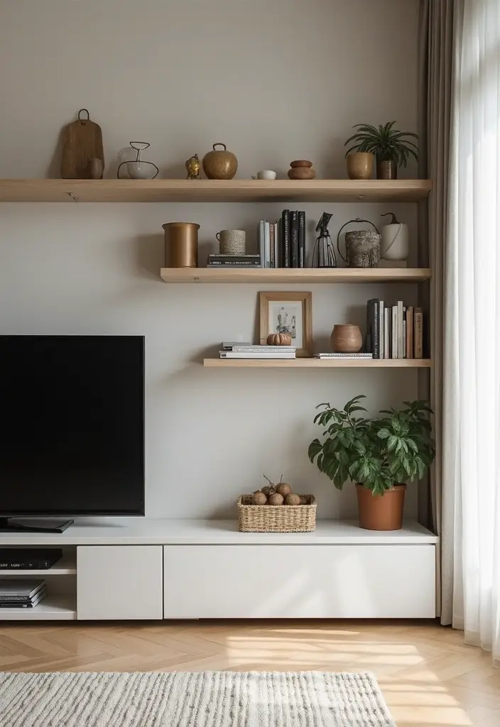 29 Living Room With TV Stand Ideas That Look Clean and Organized - 3. Open Shelving Units
