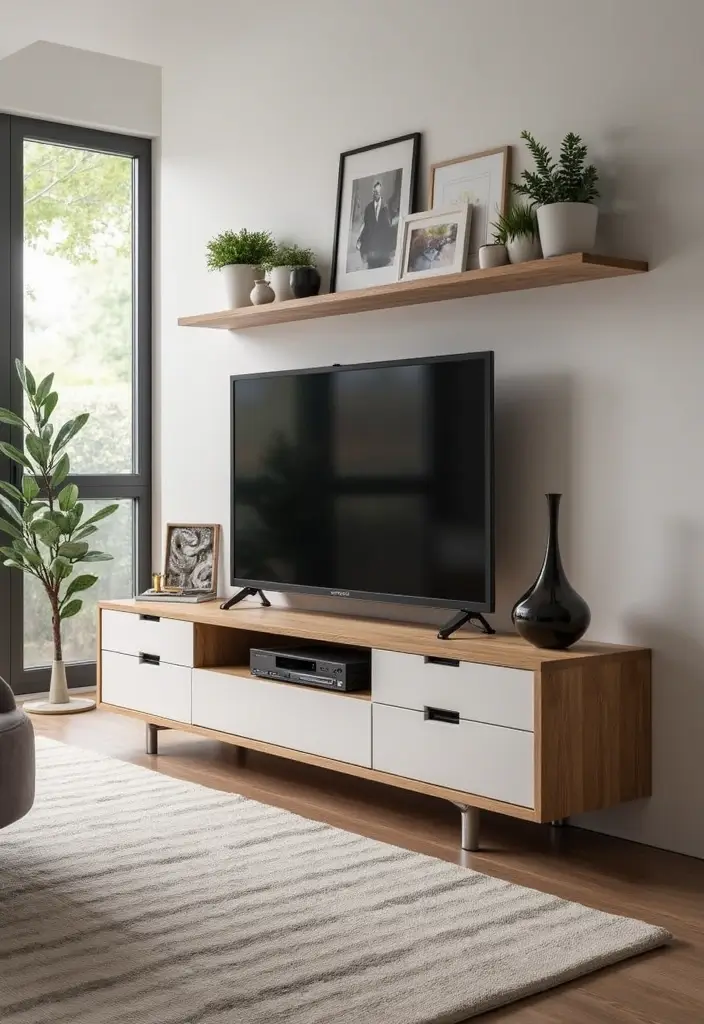 29 Living Room With TV Stand Ideas That Look Clean and Organized - 8. Multi-Purpose TV Stand