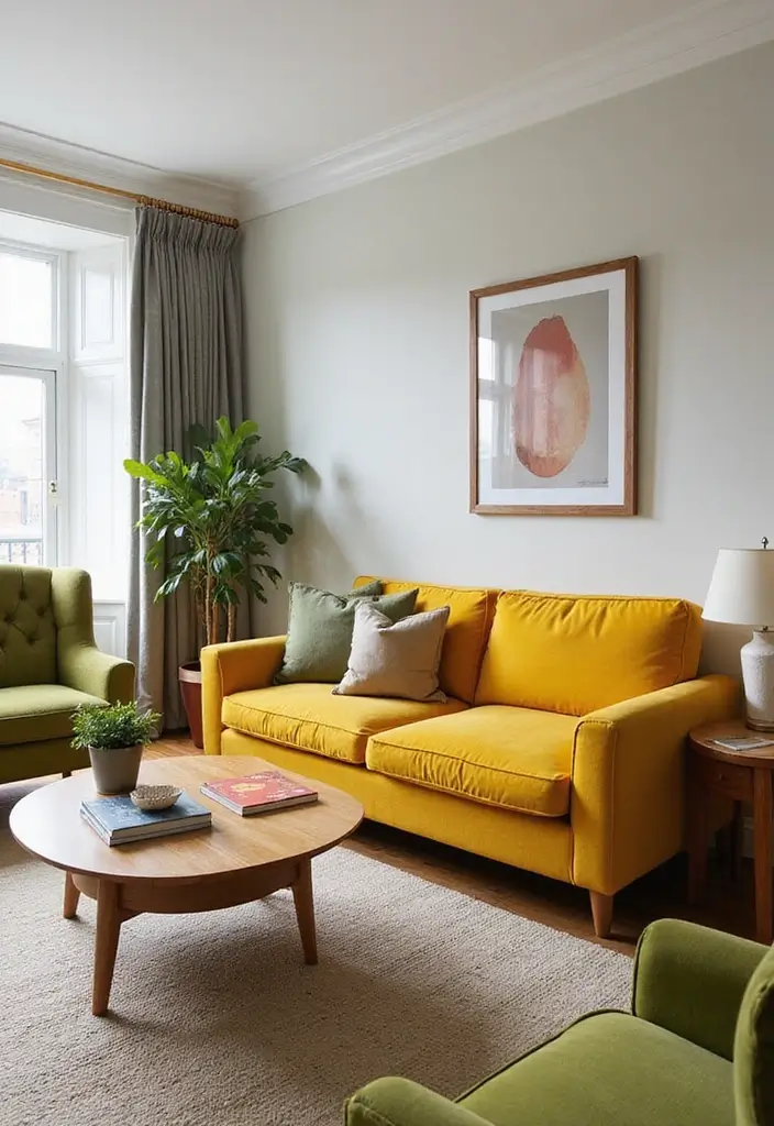 29 Mid Century Modern Apartment Living Room Ideas That Look Retro and Chic - 1. Retro Color Pop