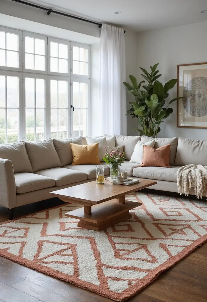 29 Mid Century Modern Apartment Living Room Ideas That Look Retro and Chic - 11. Bold Area Rugs