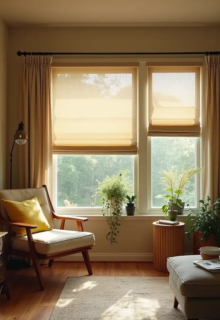 29 Mid Century Modern Apartment Living Room Ideas That Look Retro and Chic - 15. Customized Window Treatments