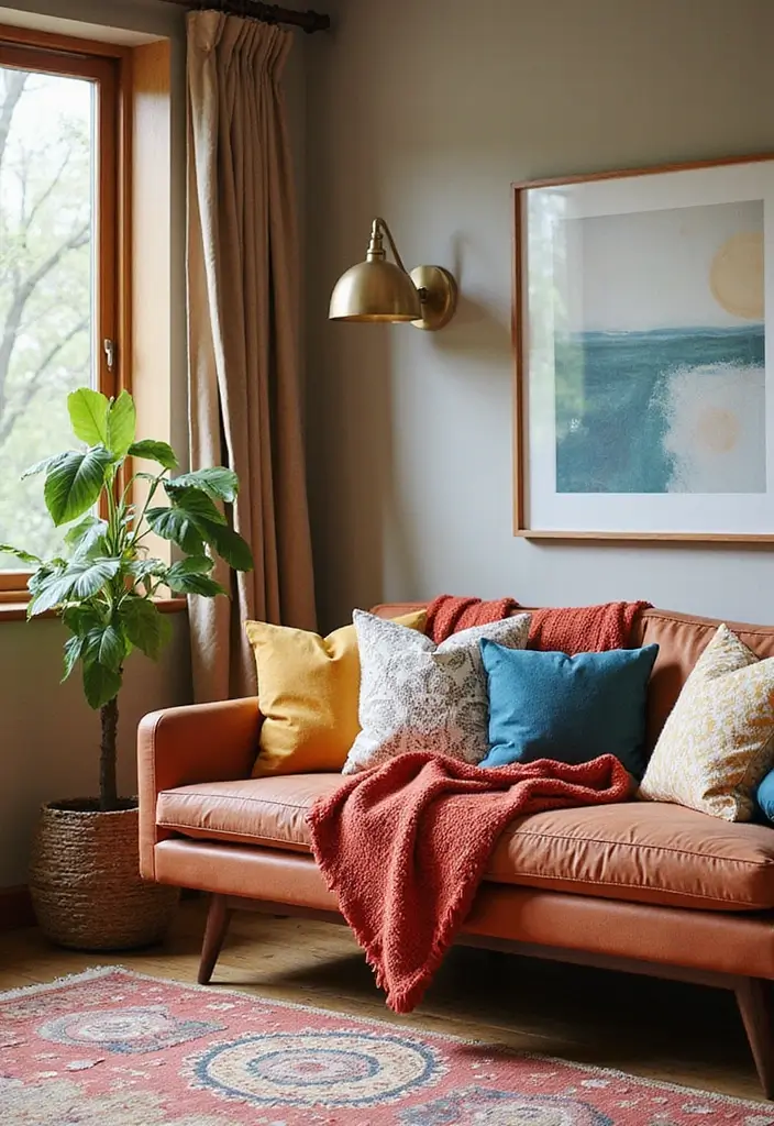 29 Mid Century Modern Apartment Living Room Ideas That Look Retro and Chic - 18. Cozy Throws and Pillows