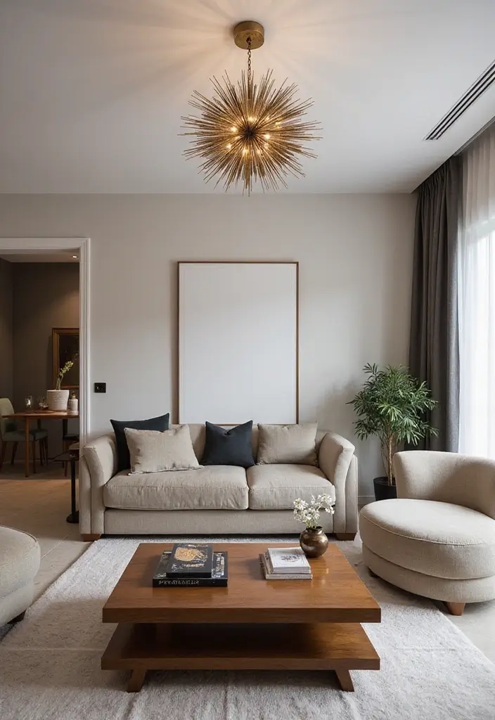 29 Mid Century Modern Apartment Living Room Ideas That Look Retro and Chic - 2. Statement Lighting Fixtures