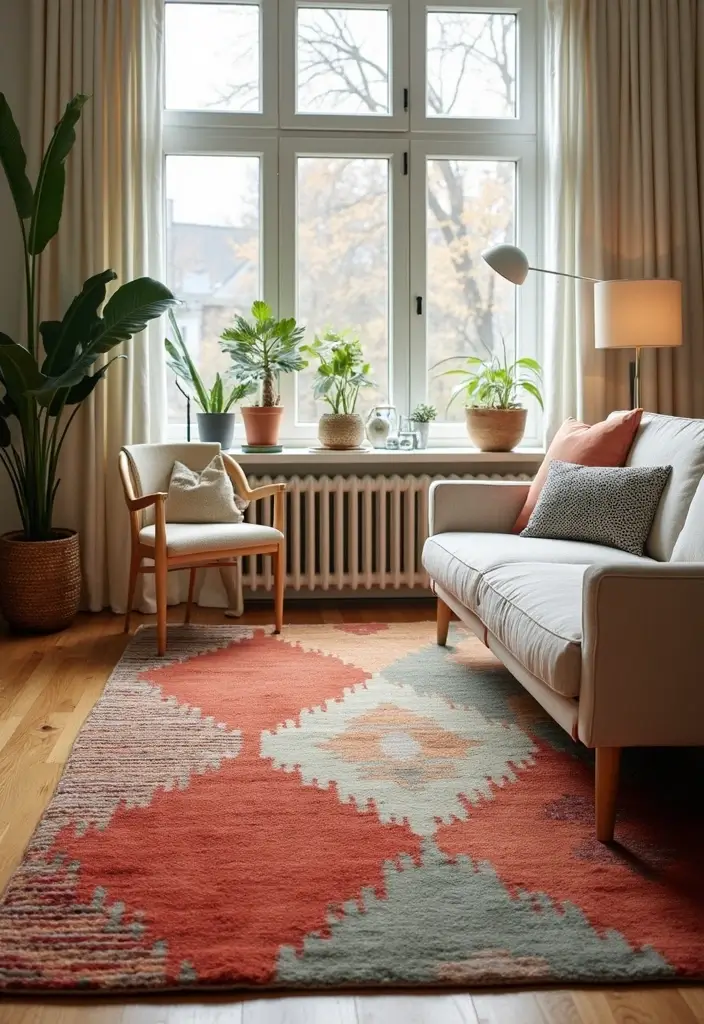 29 Mid Century Modern Apartment Living Room Ideas That Look Retro and Chic - 22. Mid Century Inspired Rugs