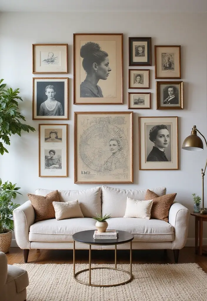 29 Mid Century Modern Apartment Living Room Ideas That Look Retro and Chic - 5. Gallery Wall of Vintage Art