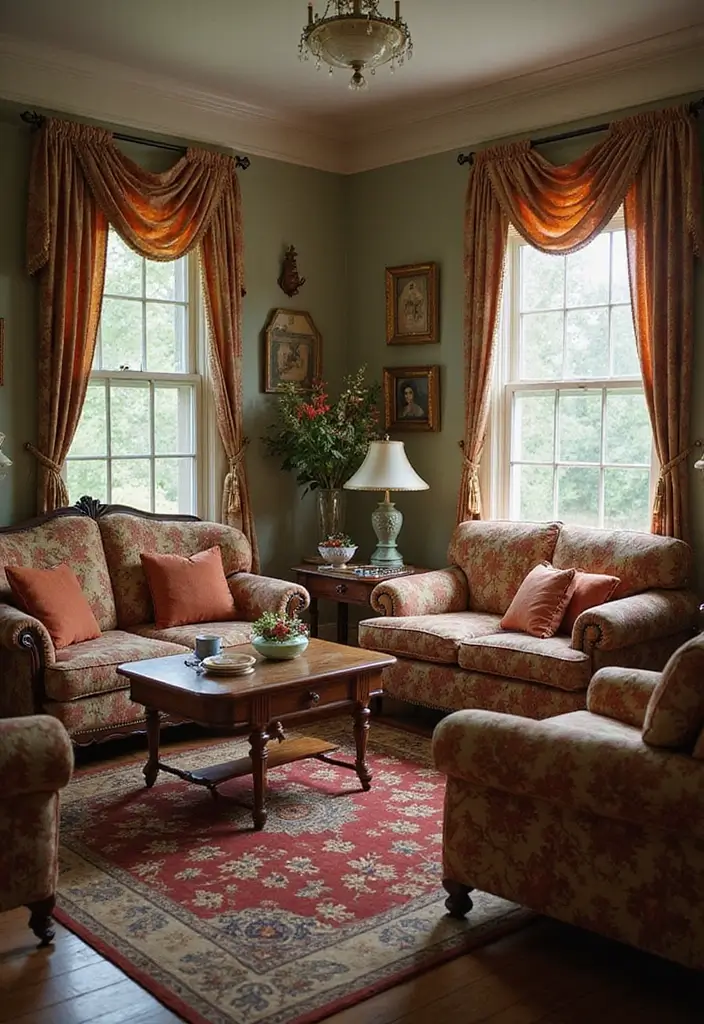 29 Old Style Living Room Ideas That Feel Nostalgic and Classic - 17. Vintage Inspired Upholstery