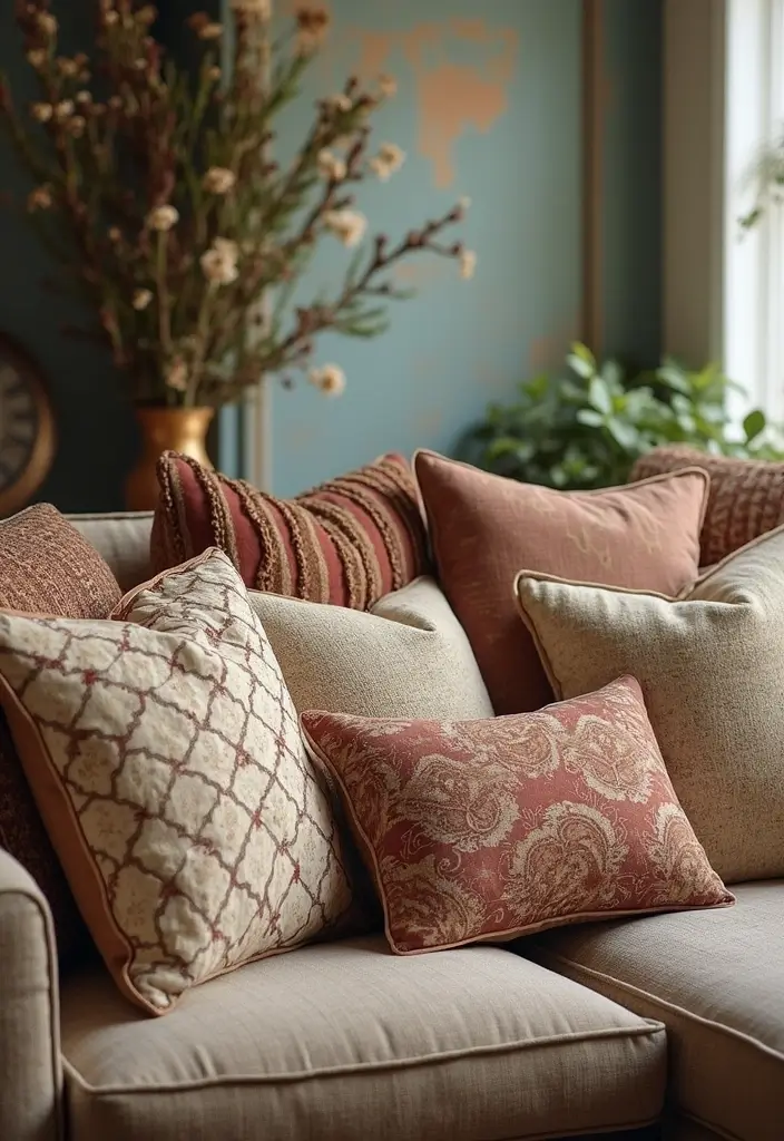 29 Old Style Living Room Ideas That Feel Nostalgic and Classic - 21. Vintage-Inspired Throw Pillows