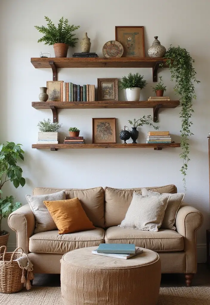 29 Old Style Living Room Ideas That Feel Nostalgic and Classic - 24. Artful Wall Shelving