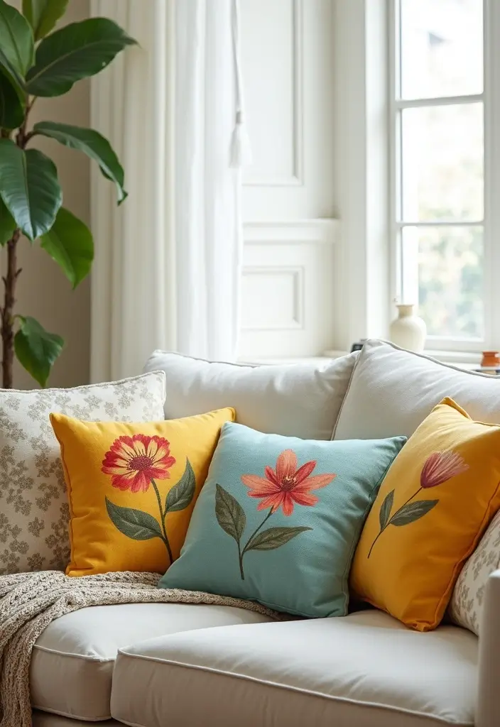 29 Spring Living Room Decor Ideas That Feel Fresh and Bright - 11. Spring-Themed Throw Pillows