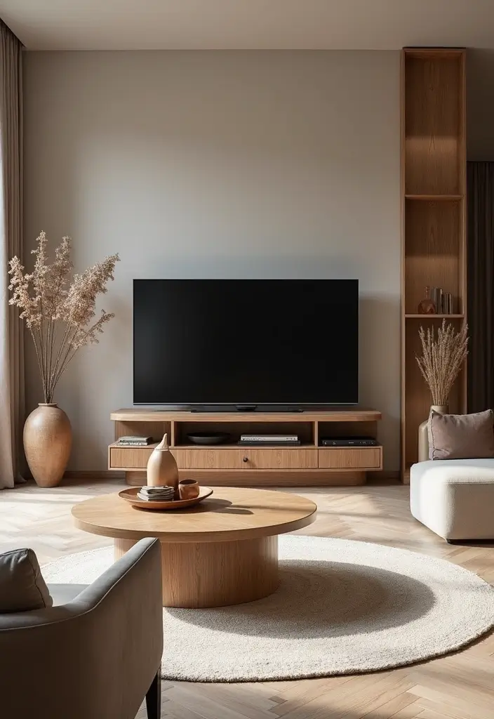 29 TV Designs for Living Room That Feel Sleek and Functional - 11. Chic Round TV Stand