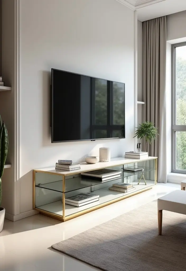 29 TV Designs for Living Room That Feel Sleek and Functional - 12. Luxurious Glass TV Stand