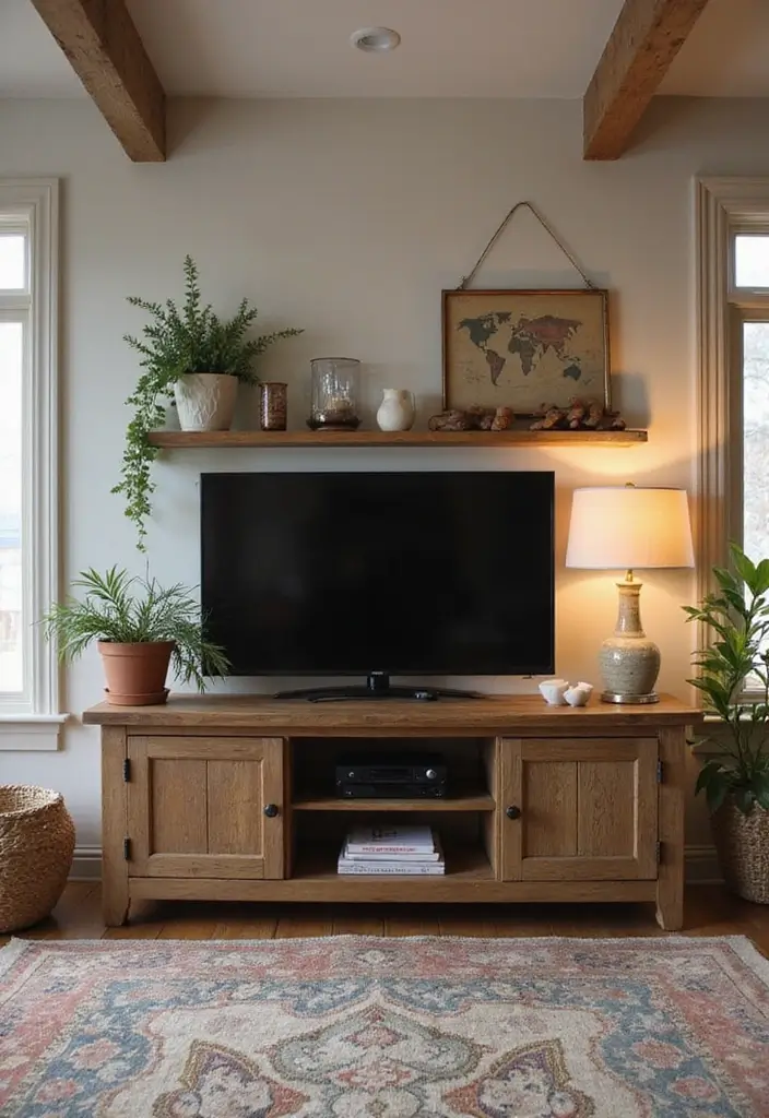 29 TV Designs for Living Room That Feel Sleek and Functional - 13. Rustic Farmhouse TV Stand