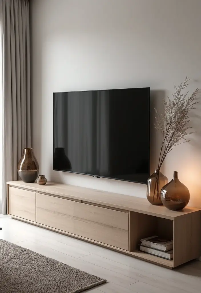 29 TV Designs for Living Room That Feel Sleek and Functional - 14. Low-Profile TV Bench
