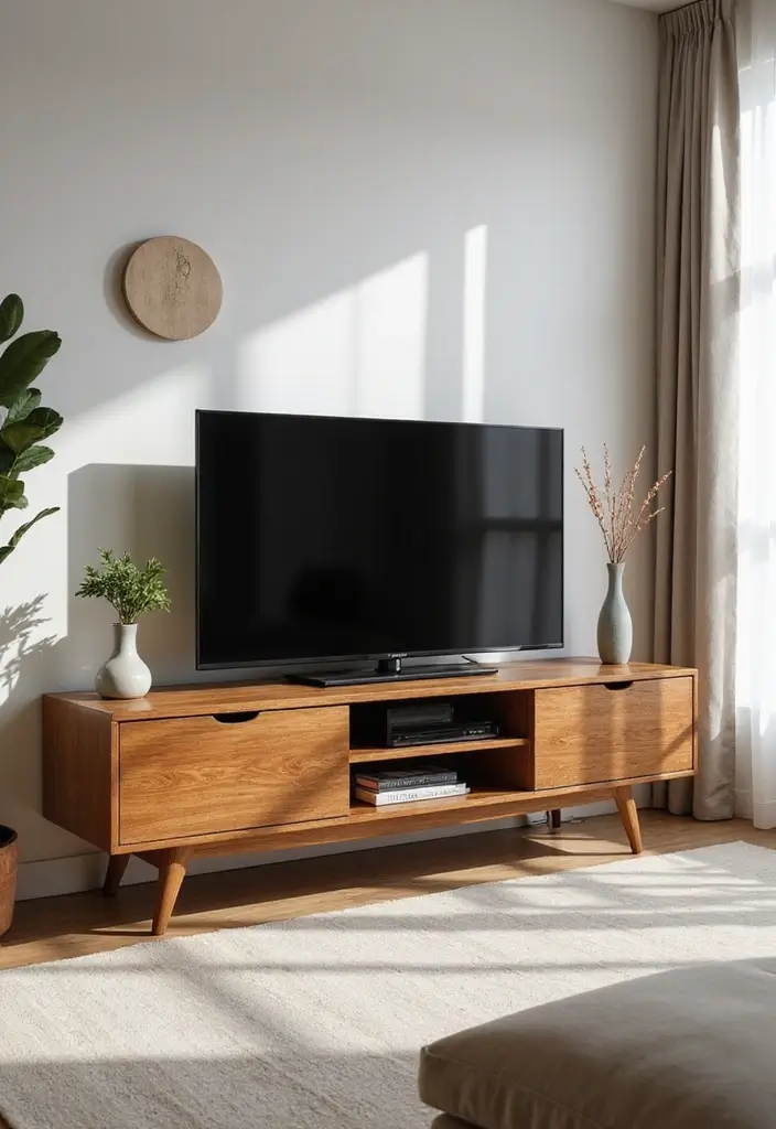 29 TV Designs for Living Room That Feel Sleek and Functional - 15. Sleek Wooden TV Console