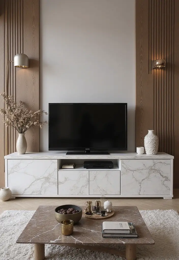 29 TV Designs for Living Room That Feel Sleek and Functional - 18. Elegant Marble TV Stand