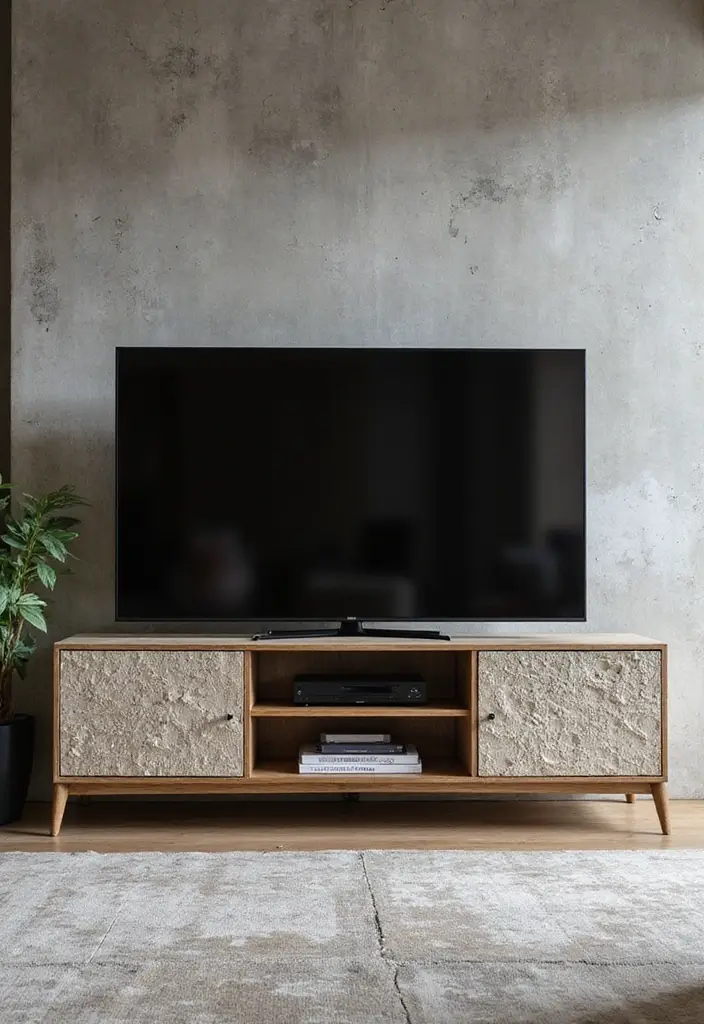 29 TV Designs for Living Room That Feel Sleek and Functional - 20. Textured TV Stand Designs