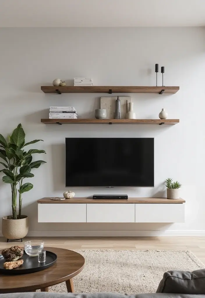 29 TV Designs for Living Room That Feel Sleek and Functional - 23. Minimalist Floating Shelves
