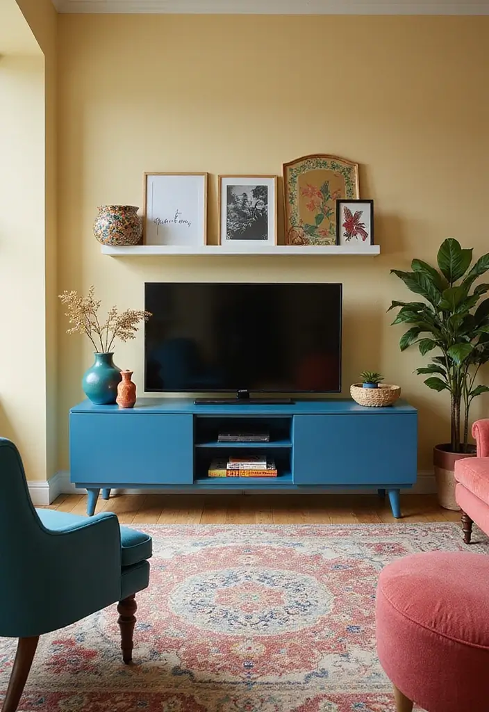 29 TV Designs for Living Room That Feel Sleek and Functional - 26. Bold Color TV Stands