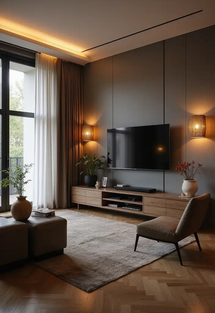 29 TV Designs for Living Room That Feel Sleek and Functional - 29. Statement Lighting with TV Design