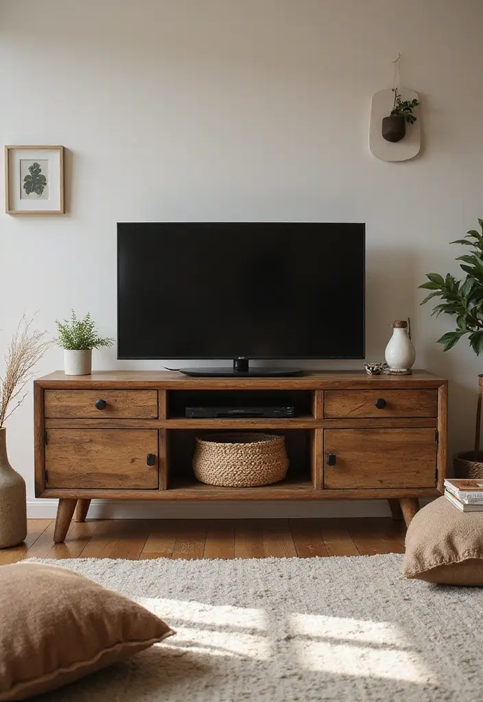 29 TV Designs for Living Room That Feel Sleek and Functional - 9. Vintage-Inspired TV Stand
