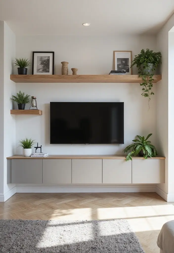 29 TV in Alcove Living Room Ideas That Look Built In and Elegant - 1. Floating Shelves with Integrated TV