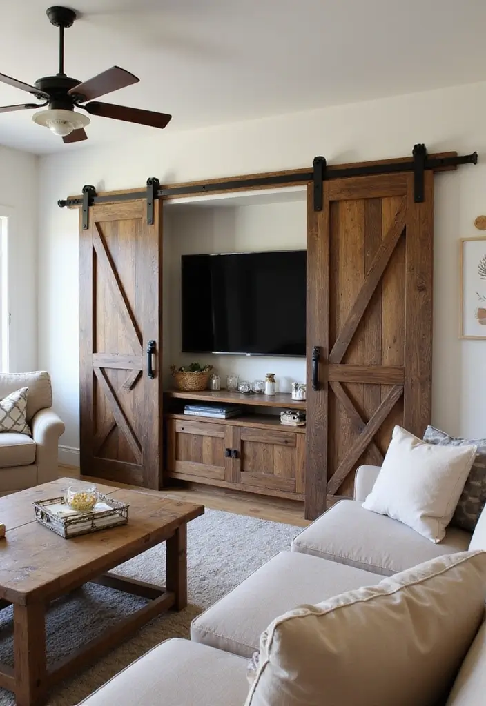 29 TV in Alcove Living Room Ideas That Look Built In and Elegant - 16. Sliding Barn Doors
