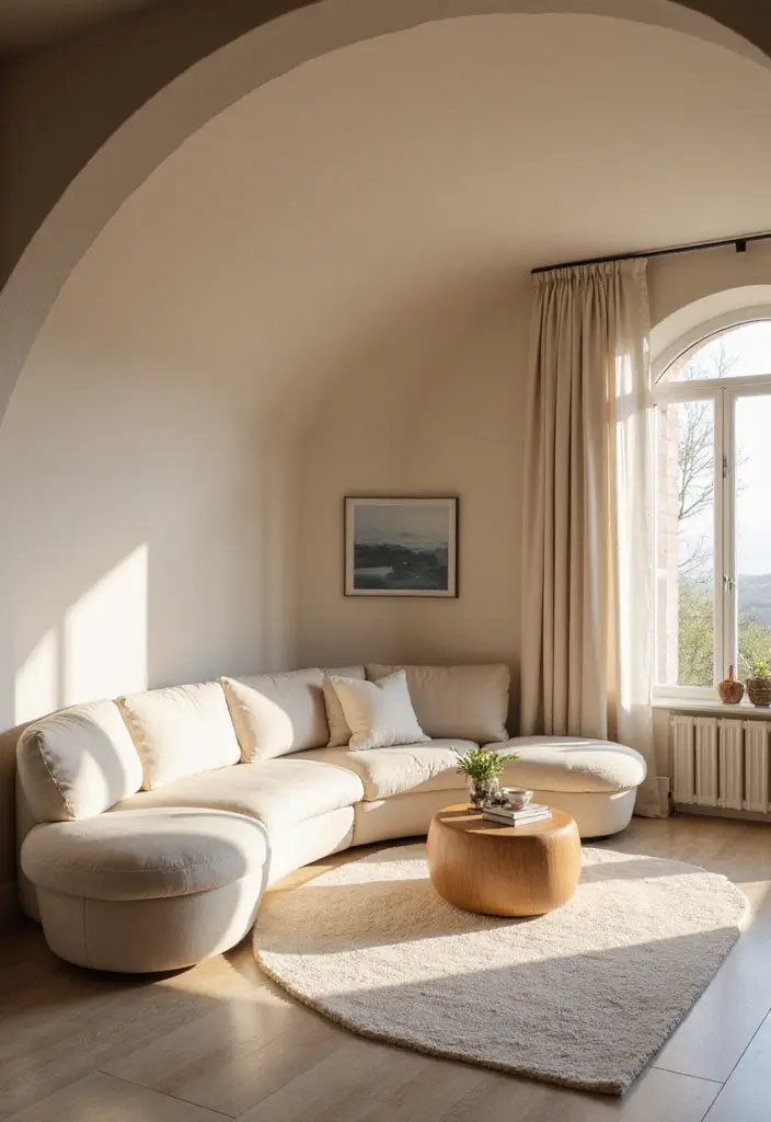 29 TV in Alcove Living Room Ideas That Look Built In and Elegant - 17. Curved Alcove for Soft Lines