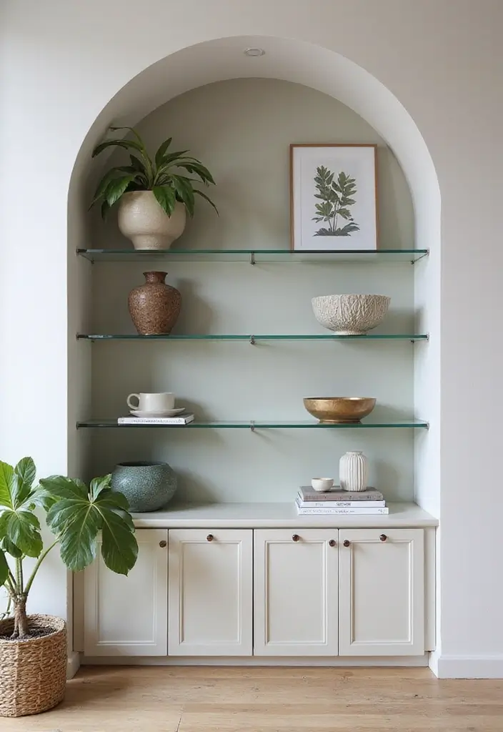 29 TV in Alcove Living Room Ideas That Look Built In and Elegant - 21. Glass Shelving for Lightness