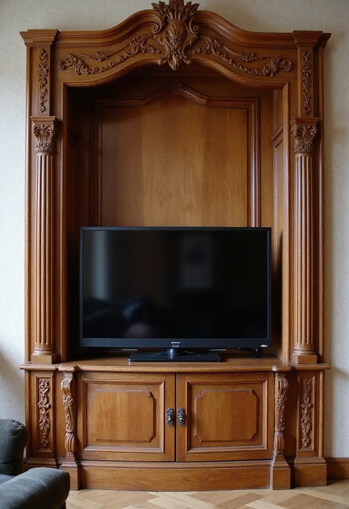 29 TV in Alcove Living Room Ideas That Look Built In and Elegant - 8. Decorative Built-In Woodwork