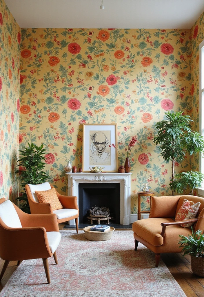 29 Wallpaper Living Room Ideas That Add Texture and Personality - 1. Retro Floral Patterns