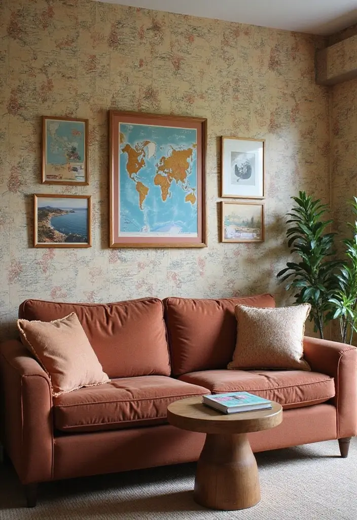 29 Wallpaper Living Room Ideas That Add Texture and Personality - 11. Vintage Travel-Inspired Wallpapers