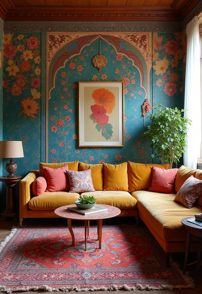 29 Wallpaper Living Room Ideas That Add Texture and Personality - 15. Bohemian Chic Designs