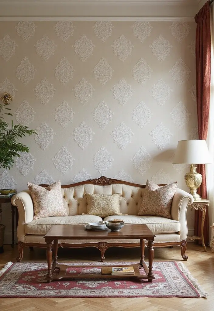 29 Wallpaper Living Room Ideas That Add Texture and Personality - 19. Elegant Lace Patterns