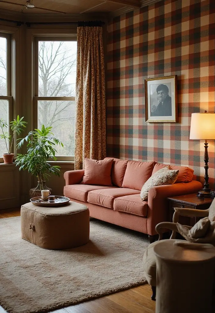 29 Wallpaper Living Room Ideas That Add Texture and Personality - 21. Retro Checks and Plaids