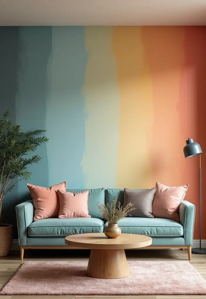 29 Wallpaper Living Room Ideas That Add Texture and Personality - 25. Colorful Ombre Effects