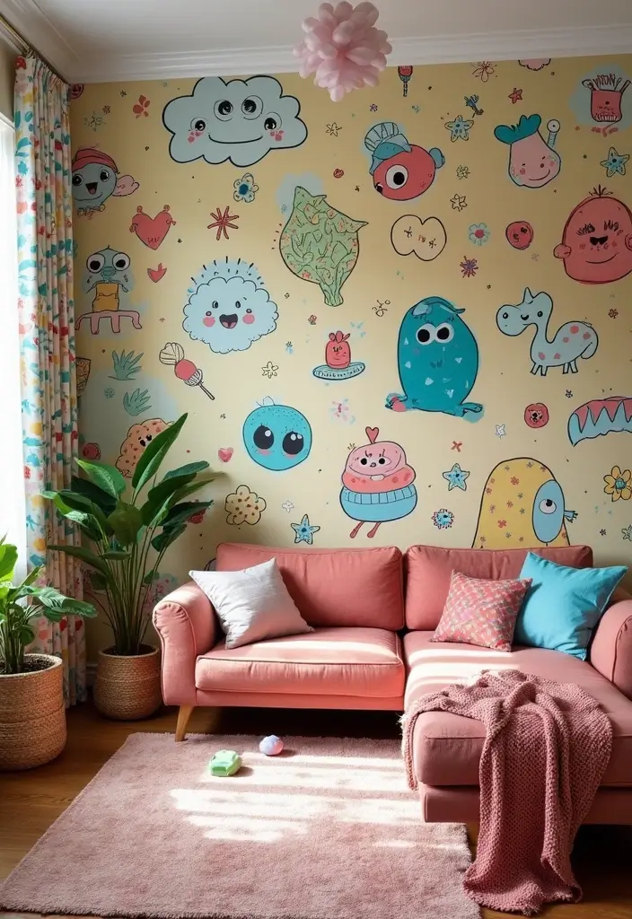 29 Wallpaper Living Room Ideas That Add Texture and Personality - 28. Quirky Cartoon Patterns