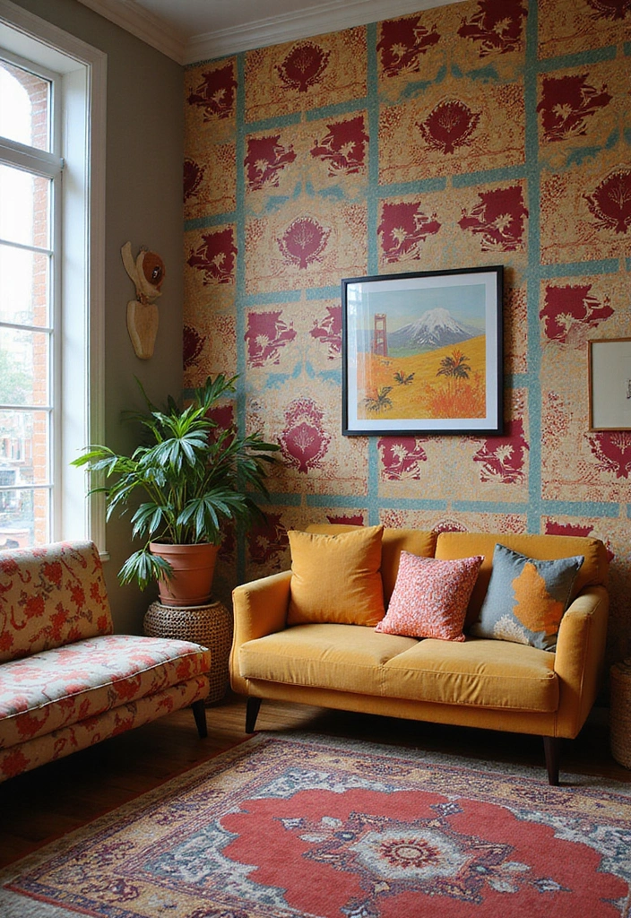 29 Wallpaper Living Room Ideas That Add Texture and Personality - 3. Vintage Geometric Patterns