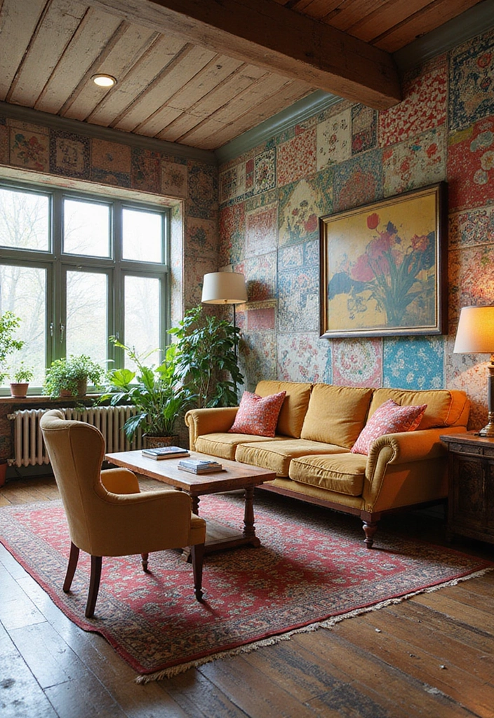 29 Wallpaper Living Room Ideas That Add Texture and Personality - 8. Eclectic Collage Style