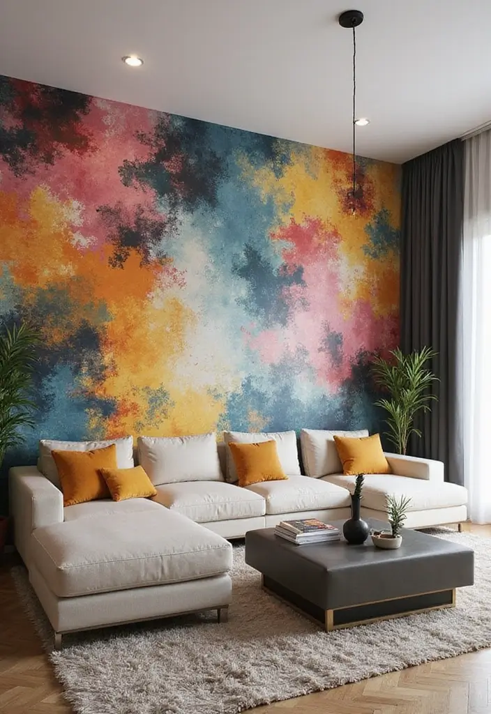 29 Wallpaper Living Room Ideas That Add Texture and Personality - 9. Artsy Mural Wallpaper