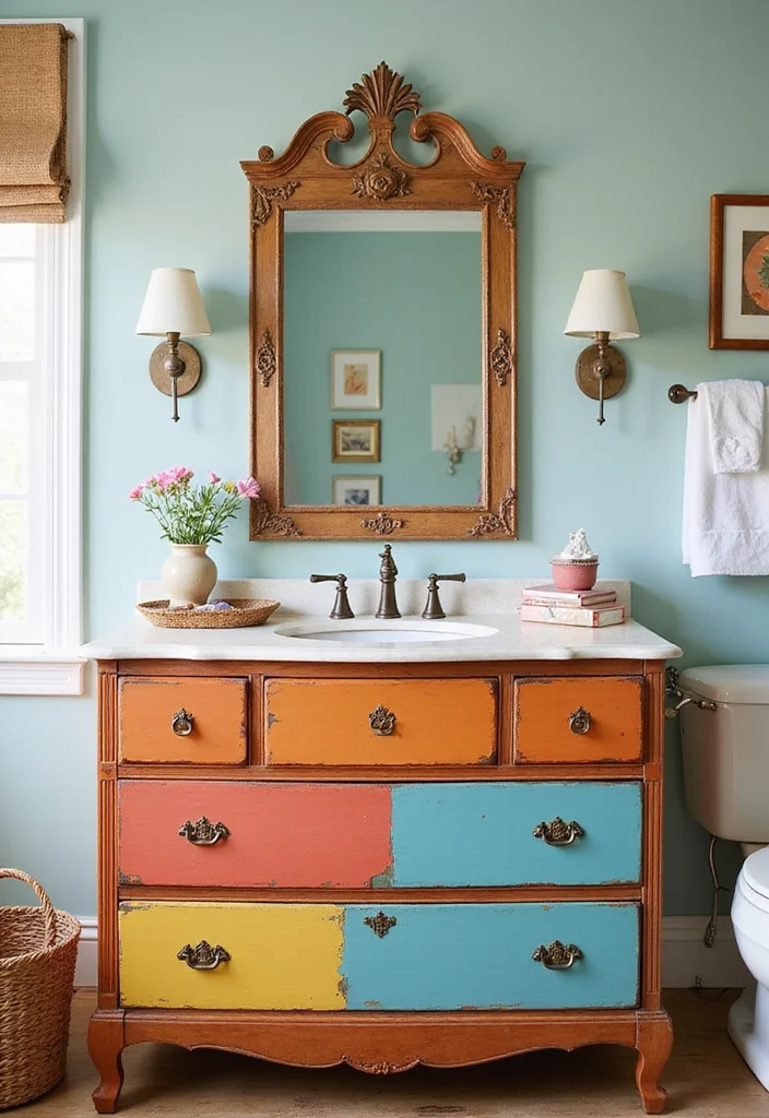 14 Antique Dresser Bathroom Vanity Ideas With Vintage Charm - 11. Color Pop