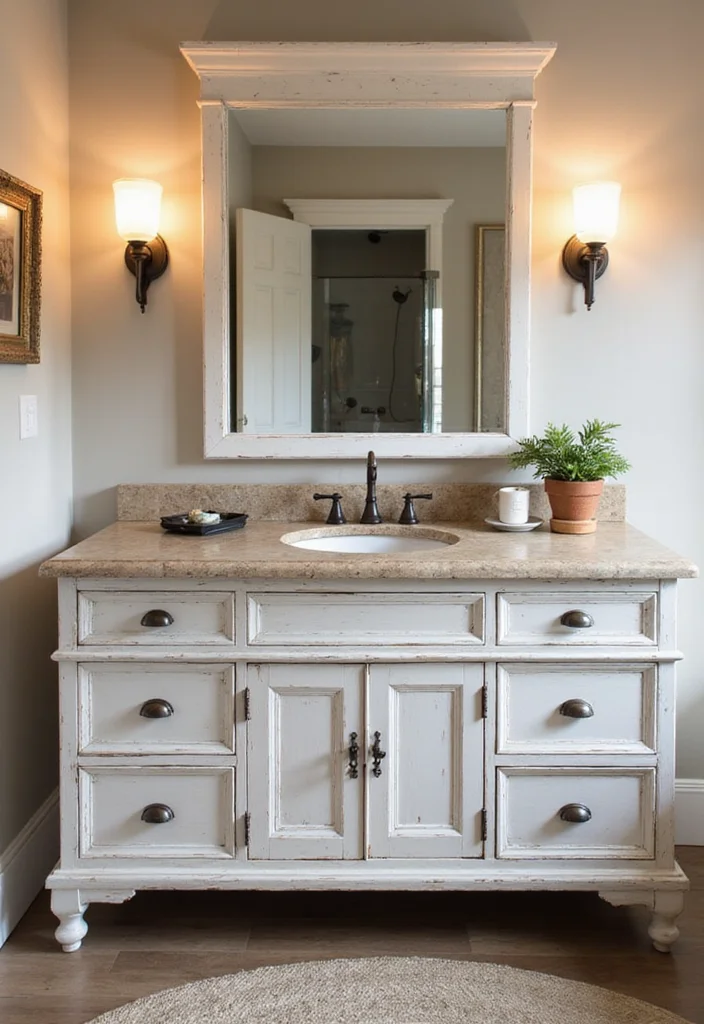 14 Antique Dresser Bathroom Vanity Ideas With Vintage Charm - 12. Farmhouse Fresh
