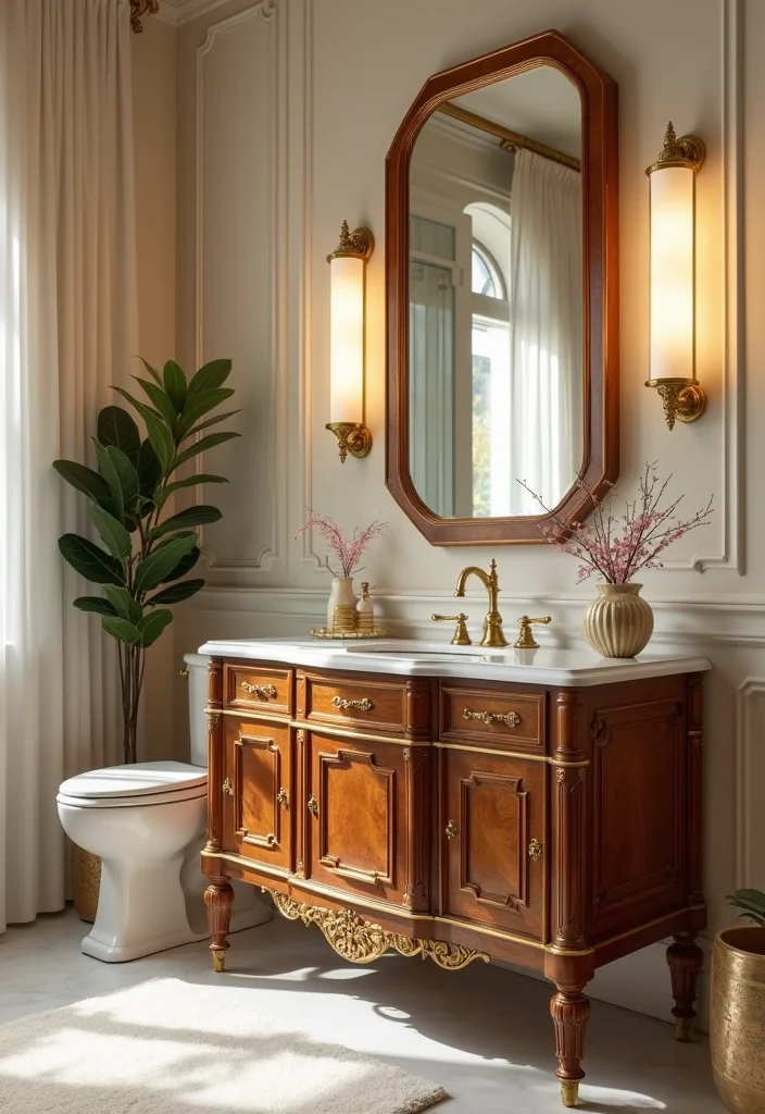14 Antique Dresser Bathroom Vanity Ideas With Vintage Charm - 13. Art Deco Glam