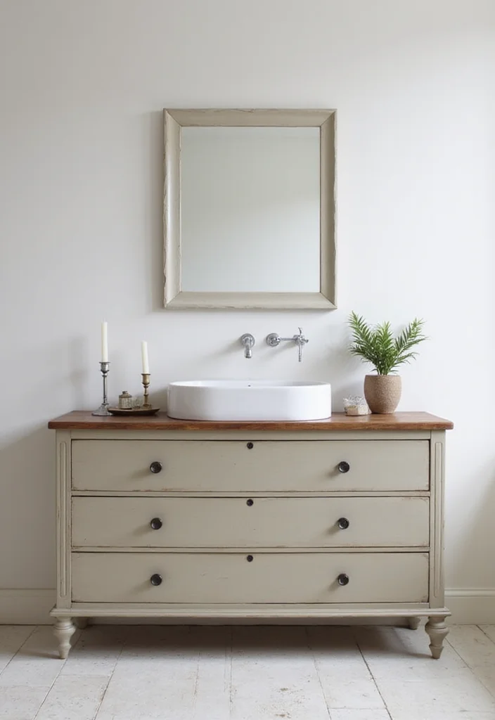 14 Antique Dresser Bathroom Vanity Ideas With Vintage Charm - 3. Minimalist Vintage
