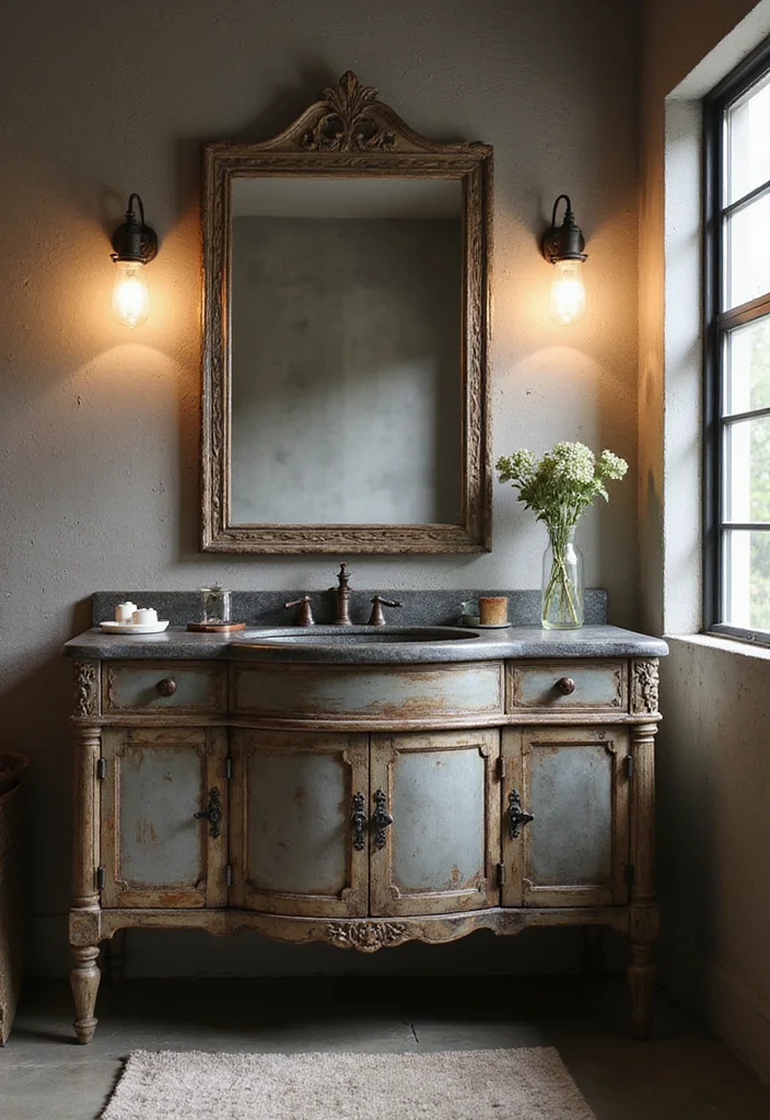 14 Antique Dresser Bathroom Vanity Ideas With Vintage Charm - 6. Industrial Vintage